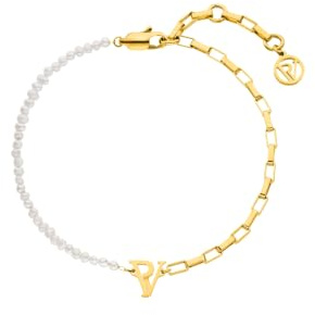 PAUL VALENTINE - Damen Armband Edelstahl - Vergoldet/Golden - mit Perlen - PV Logo Anhänger - PV-B0027