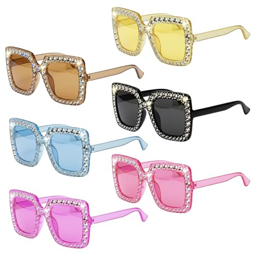 MmotZsb Sonnenbrille Damen, 6er Set Mit Glitzer Accessoires, Retro Disco Outfit Brillen Für Party, Abba Accessoires Damen