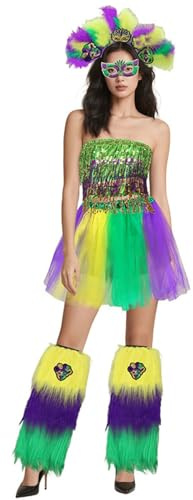POIUIYQA Gras Costume Accessory Set Tutu Skirt, Faux Feather Headband, Mask,Mardi Gras Beads for Women and Girls Mardi Gras Party Decorations Vierteiliges Midirock-Set mit Quasten