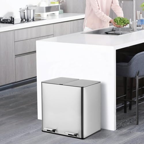 Euker Dual Compartment Kitchen Trash Can 30L (2x15L) – Large Stainless Steel Step Bin with Soft-Close Lid, Removable Buckets, Fingerprint Resistant – Garbage and Recycling for Home, Office