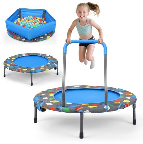Foldable Fitness Trampoline with 100 Balls Ball Pit, Low Noise Adjustable Safety Cover and Removable Handlebar, Reinforced Oxford Fabric Quiet Exercise Rebounder for Kids Adults, Max Load 150kg