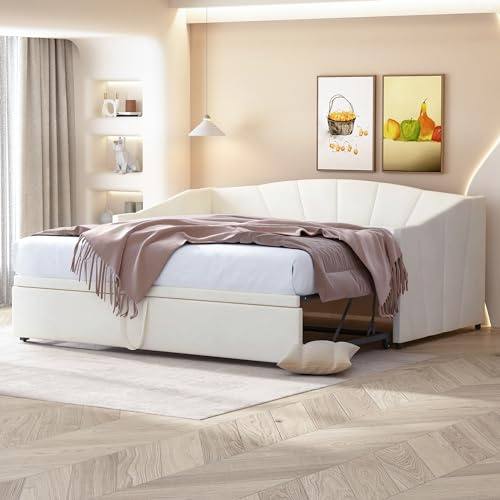LZPUOUI Bänkbädd 90 x 200 cm med sammetssäng som sparar utrymme, expanderbar sovsäck på 90 x 200 cm, konvertibel soffa, vadderat ryggstöd och två armstöd beige