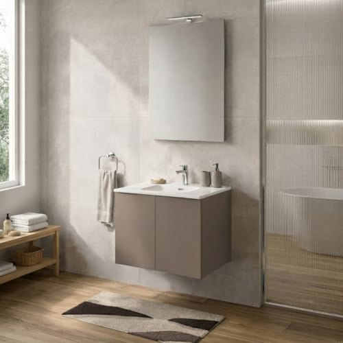 Mobile Bagno Sospeso 60 cm Tortora – Mobiletto Lavabo Moderno a Due Ante Push and Pull – Mobile Già Montato con Lavandino ad Incasso Linea Tierra