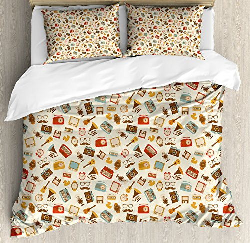 Ambesonne Vintage Duvet Cover Set, Retro Pattern Old Fashioned Alarm Clock Typewriter Gramophone Radio Cassette, Decorative 3 Piece Bedding Set with 2 Pillow Shams, Queen Size, Beige Brown