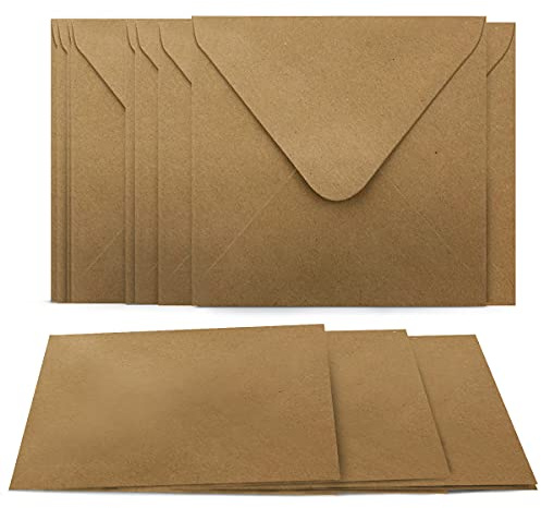 100 Umschläge + Klappkarten Quadratisch - Kartenset aus Kraftpapier Selbstgestalten - Blanko Faltkarten 220 g/m² 13,5 x 13,5 cm - Natur Briefumschläge 90 g/m² 14 x 14 cm