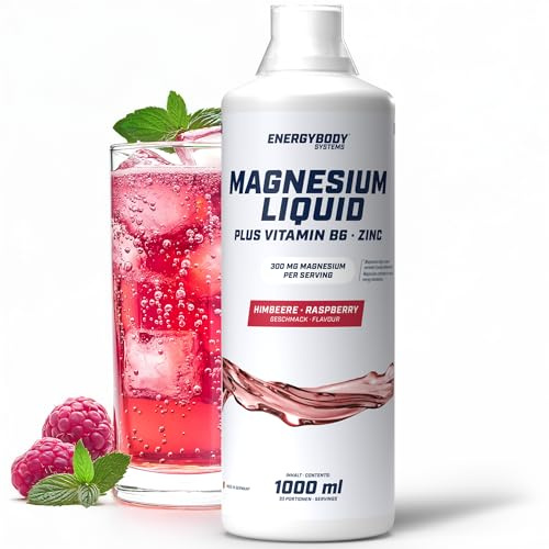 Energybody Magnesium Liquid Himbeere 1 L, 300 mg mit B6 & Zink | hochdosiert, flüssiges Magnesium, mit Vitamin B6 & Zink, für den Energiestoffwechsel, Nahrungsergänzung