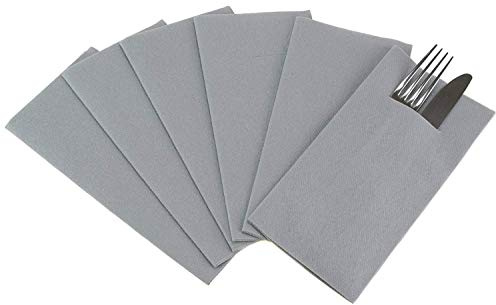 Lot de 75 Serviettes à Couverts Gris 40 x 40 cm Airlaid Aspect Tissu Poche avec Fente pour Couverts l'enveloppe Pliées coutellerie
