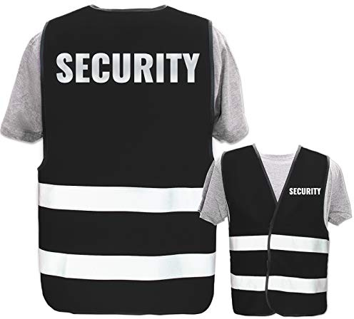 Bedruckte Warnwesten mit ISO-Leuchtstreifen * Standard- oder Reflex-Druck * Thema Sicherheit & Team, Warnweste Begriffe Security:Security (Reflektierend), Farbe + Größe:Schwarz (M/L)