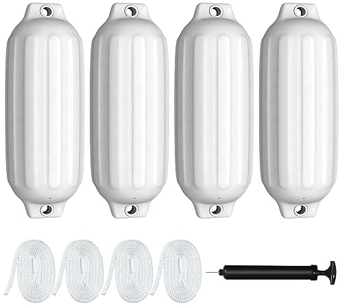 Goplus 4 Pack Marine Boat Fenders, Ribbed Twin Eyes Boat Fender with 4 Ropes & 1 Air Pump, Various Sizes & Colors, Vinyl Inflatable Boat Bumpers for Docking Pontoon Boats (White, 27 inch x 8.5 inch)