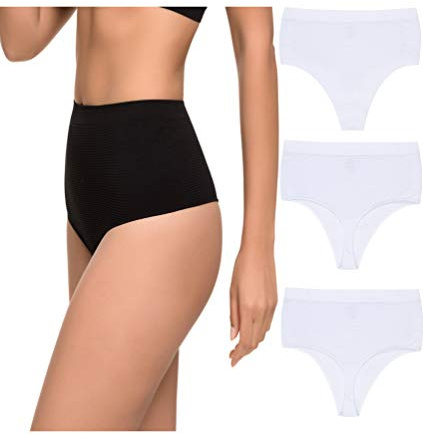Channo Pack de 3 Tanga Faja Reducción Ligera de Abdomen Mujer Sin Costuras Licra. Braga Tanga Moldeador. (Blanco, L/XL)