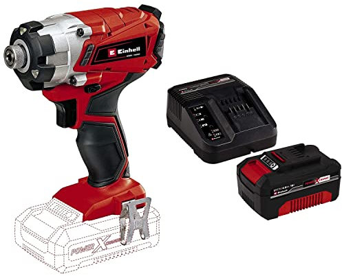 Einhell 4510034 Li- Solo Avvitatore a Impulsi a Batteria, 18 V, Rosso + Power-X-Change Starter Kit, Caricabatteria e Batteria da 4000 mAh Li-Ion, Nero, Rosso