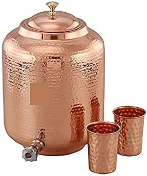 Will and Weaves Wasserspender aus reinem gehämmertem Kupfer mit Zapfhahn, Matka-Wasserkrug, Kupferkrug mit Hahn, 4 Liter, mit 2 gehämmerten Wassergläsern aus Kupfer