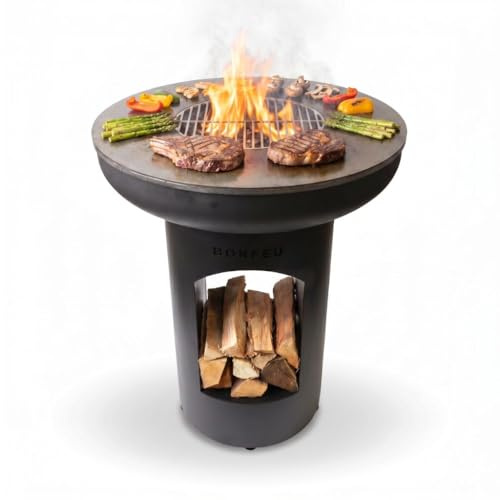 BonFeu BonBiza Black Panier à feu Ouvert pour Le Jardin - brasero & Foyer - brasero Panier à feu en Acier Robuste - avec Grill & plancha pour Cuisiner Panier à feu avec Grill 80x80x100cm