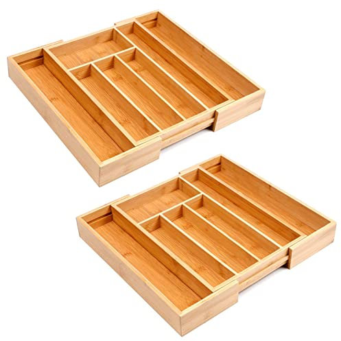 HAC24 2er Set Bambus Besteckeinsatz Schublade Besteckkasten Schubladeneinsatz Ausziehbar 25,5 – 39,5 x 35,5 x 5 cm Besteck Organizer Utensilienhalter