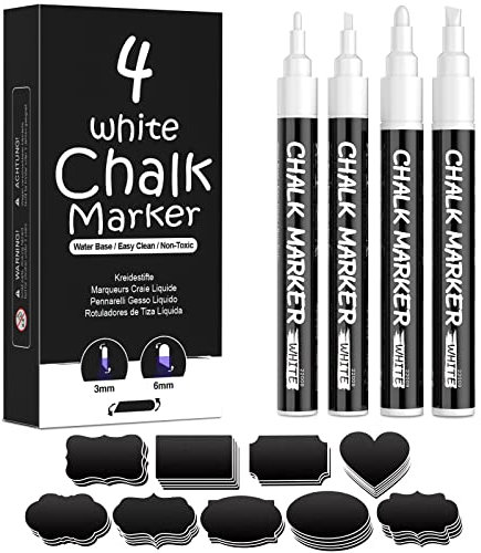 YYSHUS Weiß Kreidestifte für Fenster & Tafel Abwaschbar, 4 Stück Weiße Flüssigkreide Stifte + 45 Etiketten fü Spiegel & Glas, Kalligraphie Set Anfänger • Handlettering Stifte • Zeichnen Zubehör