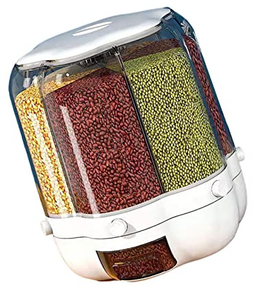 Niktule Large Capacity Rice Storage Container?6-Grid Rotating Grain Dispenser 33lbs?Round Dry Food Box Kitchen Home Organization