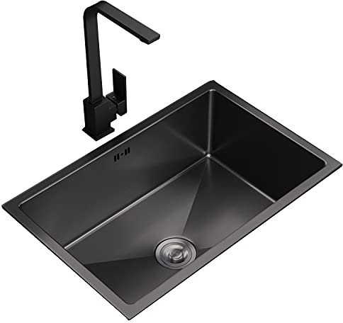 Lavello da Cucina, Lavello Singolo Fatto a Mano in Acciaio Inossidabile Nero, Lavello Lavastoviglie Sottopiano Rettangolare(B 68 * 45 * 21cm)