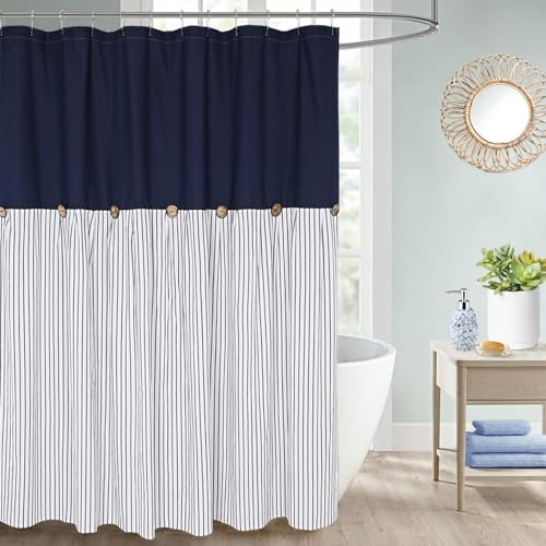 DOSLY IDÉES Farmhouse Shower Curtain, Navy Blue & Beige Stripe, 72x72 inch