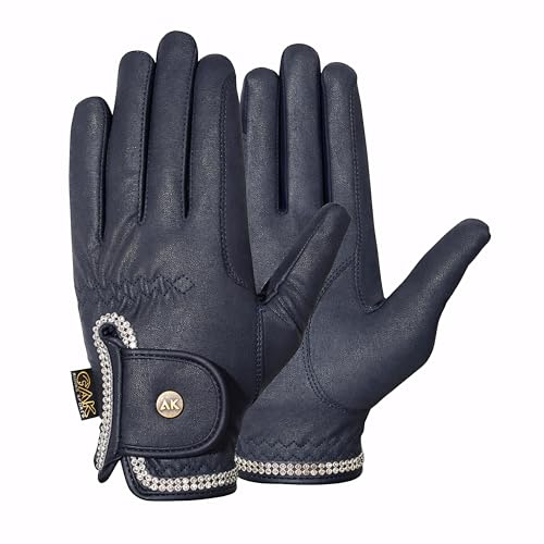 AK Horse Riding Gloves for Women & Men – Competition Equestrian Gloves with Crystal Diamante Design – Comfortable, Non-Slip Grip – Premium Show & Dressage Gloves AKRS-6366 (Navy, L)