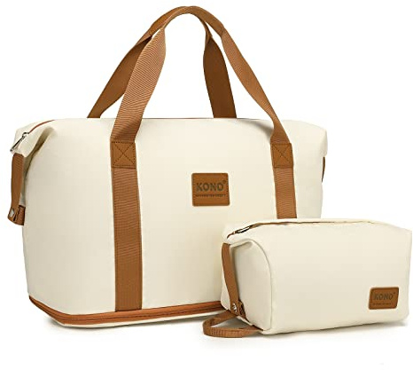 Kono Bolsa de Mano de Cabina Ryanair 40x30x20, Maleta de Viaje Ligera Impermeable y Plegable, Bolsa de Fin de Semana con Compartimento para Zapatos, Deporte, Gimnasio, Maternidad (Marrón Beige)
