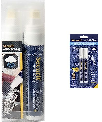 SECURIT BL-SMA100-V4-COL Kreidemarker wasserfest (mit Keilspitze ca. 7-15 mm) 2er Set weiß & wasserfeste Flüssigkreide Marker, weiß, Plastik, 14.2 x 3.5 x 2 cm