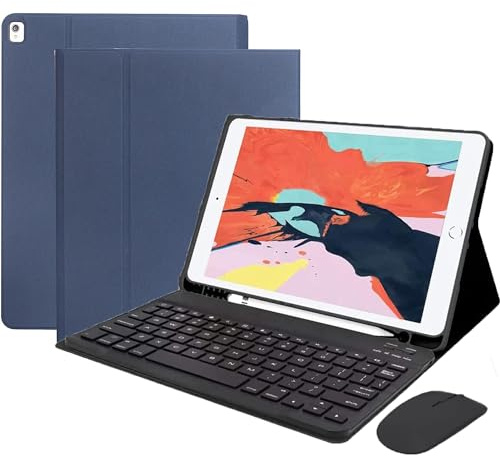 HEUCYL Funda con Teclado para iPad Pro 12,9 Pulgadas 2017/2015 (Antigua, 2 ª & 1 ª Generación) Funda Delgada con Teclado Español Ñ Bluetooth Desmontable con Portalápices Y Ratón Integrados,Azul