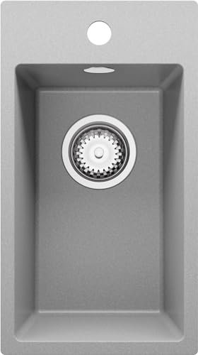 PRIMAGRAN Lavello da Cucina Grigio 28x50cm, Lavandino in Granito a 1 vasca + Sifone Classico, Lavabo Incasso al mobile 30cm - Riga S056