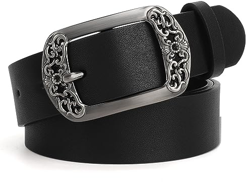 SUOSDEY Damen Ledergürtel Klassisch Schwarz Floral Pin Buckle Gürtel für Jeans Kleid Mode Gürtel