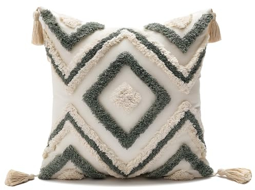 YULUOSHA Dekorative Boho Kissenbezug,Boho Kissen Beige Deko Baumwolle Dekokissen Marokko getuftete Kissenhülle Kissenbezüge Quaste für Sofa Schlafzimmer Wohnzimmer Dekor (1, grün, 45 x 45 cm)