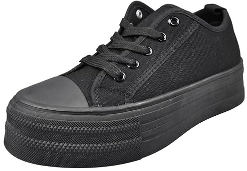 LoudLook Ladies Platform Trainers Canvas Pumps Gym Lace Up Comfy Heel Summer Casual Shoes Sizes 3-8
