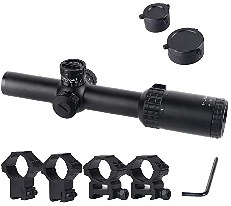 FOCUHUNTER 1-6x24 Teleskop, Monokular mit Rot Geätztem Absehen, 1/2 MOA Seiten und Höhenverstellbarer Sucher, Grüne Vollständig Mehrfachbeschichtete Optik mit 4 Montageringen für Außenbereich