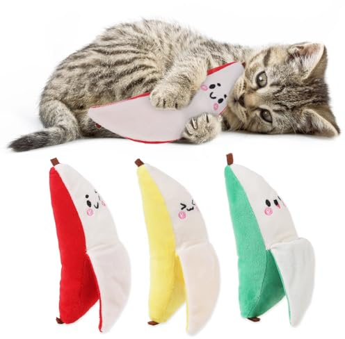 KOOLTAIL Lot de 3 jouets à herbe à chat Banane, jouet doux durable rempli d'herbe à chat en coton naturel, jeu interactif résistant aux morsures, cadeau pour la plupart des chats et chatons