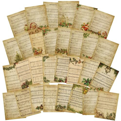 Fullhawl 30 Stück Vintage Weihnachten Noten-Scrapbook Papier Weihnachten Dekoratives Decoupage-Papier gedruckt Vintage Notenpapier für Scrapbooking Weihnachten Journals Kunst Journal Geschenkpapier