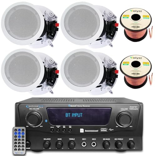 Home Theater Sound System Kit - 1000 Watts Bluetooth Amplifier w/ 4 QTY of 8 Framed Ceiling Speakers 300 W Each, 100 ft Speaker Wire & Remote Perfect for Home, Office,Bar, Restaurant by Technical Pro
