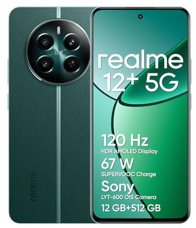 realme 12+ 5G Smartphone 12+512 GB con NFC, Fotocamera ritratto Sony LYT-600 OIS, Display AMOLED da 120 Hz, Smart Touch antipioggia, SUPERVOOC da 67 W, Pioneer Green rr(no adapter)