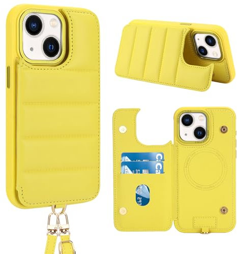 Butnyeoe Crossbody Wallet Case for iPhone 13/14(6,1) with Card Holder Magnetic Charging Kickstand,Flip Leather Phone Case,RFID Blocking Protective Cover,Wrist Strap Lanyard Handbag,Yellow
