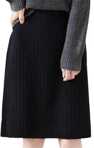 Deepsko Damen-Strickrock aus Wolle, locker, gerade, lässig, einfarbig, elastische Taille, knielange Röcke, Schwarz , XL