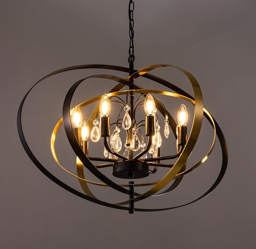 Wellmet Ring-Circle Black Gold Crystal Chandelier, 6-Light Crystal Pendant Light for Dining Room, 31'' Black Chandelier for Living Room, Bedroom, Kitchen, Hallway, Entryway, Foyer, Corridor
