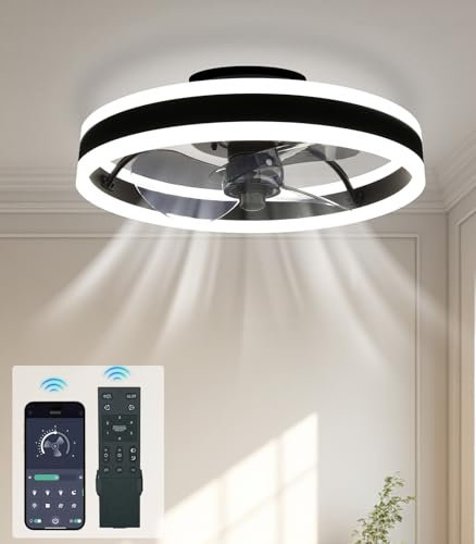 Alljia Smart Ceiling Lights with Fan and Remote, Flush Mount Reversible 6-Speed Lights Fan Ceiling for Bedroom Compatible with Remote/App, Timer, Low Profile Dimmab Light with Fan, 15.7 Black