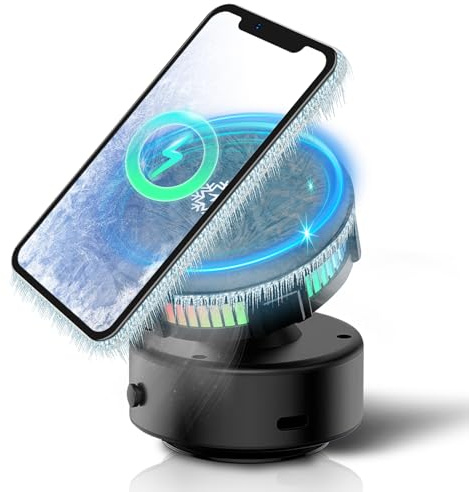 WODHMIEY 15W Wireless Charger Car Phone Holder with Semiconductor Cooling, Magnetic & Electric Vacuum Suction, 360° Ball Joint, Compatible with iiPhone & Android – For Car, Home, Mirror, Gym, Kitchen