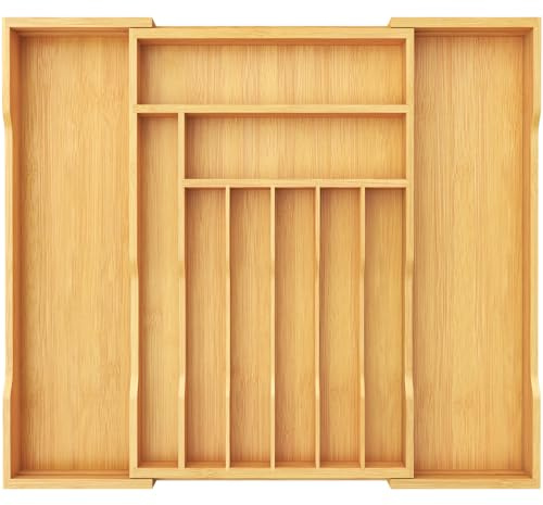 Lifewit Besteckkasten für Schubladen, Tiefe 47 cm, Ausziehbarer Besteckeinsatz Breite bis zu 71 cm, Küchenschubladeneinsatz Schubladen Organizer, Bambus Besteckhalter für Löffel/Gabeln/Messer