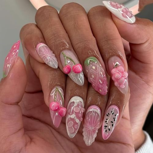 GlamRays 24 Stück Frühlings Press on Nails Kurze Mandeln Rosa Lila Nagel Spitzen Acrylnagel Set Erdbeere Kirsche Orange Nagelkunst Falsche Nägel Press ons French Tip