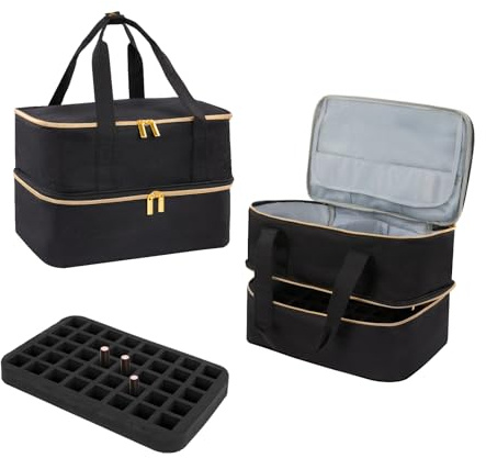Nail Polish Organizer Bag Holds up to 40 Bottles Double Layer Make up Case Portable Travel Makeup Bag Cosmetic Storage Bag Vanity for Nail Polish Bottles Nail Lamp Tools Accessories (Black)