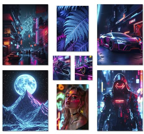 ARTFAVES® Poster Set - CYBERPUNK - mehrteilige Wanddeko Gamingzimmer & Jugendzimmer - 8 moderne Wandbilder lila, cyberpunk, gamer, gaming, 80s - ohne Bilderrahmen