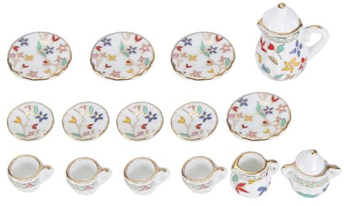 Tissting Juego de Tazas de Té Miniaturas para Casa de Muñecas, Porcelana con Flores 15 Piezas Escala 1:12 Decoración para Cocina Comedor Sala de Estar Restaurante Bar (Colorful Flowers)