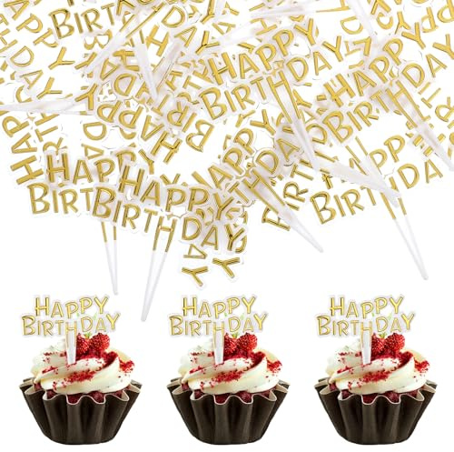 Giantree 100-Pack Happy Birthday Cupcakes Decoration, Lightweight Birthday Cupcake Decorations, Small Cupcake Decorations for Happy Birthdays Anniversary Theme Party Cake Decoration Supplies (Gold)