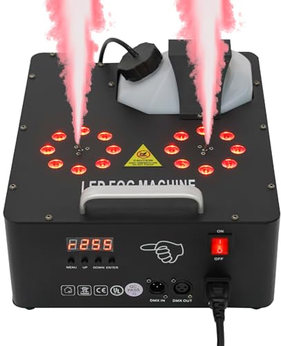 Fridgestea Nebelmaschine 2000W mit 8+8 RGB LEDs, Professionell Dual Düse Rauchmaschinen Fernbedienung, DMX-Steuerung Fog Machine mit Lichteffekt für Bühnenauftritte/Party/Disco - Schwarz