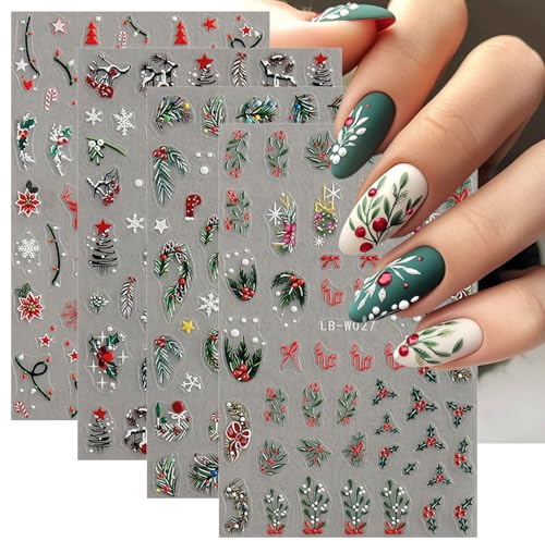 Celblisora ​​4 Bögen Weihnachts-Nagelkunst-Aufkleber,5D Geprägte Stechpalmenblätter,Nagel Abziehbilder,Winter-Weihnachtsbaum,Elch, Schneeflocken Design,Nagelkunst Zubehör