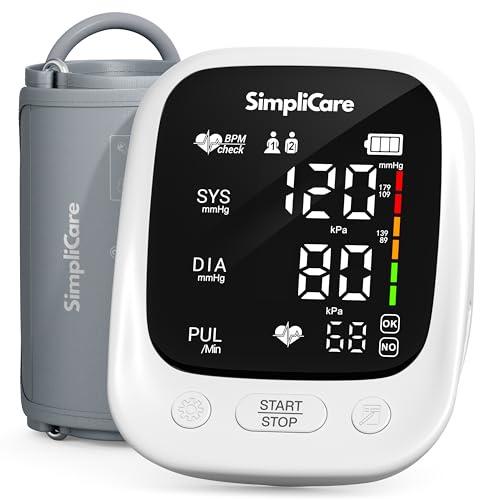 SimpliCare Upper Arm Blood Pressure Monitor for Home Use, FDA 510(k) Cleared Class II Medical Device, Wide-Range Cuff 22–42 cm, Large 5.1 LED Display, Dual User, USB-C & Battery (AES-U181)