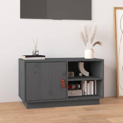 HaoChrymec TV-Schrank aus Massivholz Kiefer, mit Stauraum für DVDs und Spielekonsolen, Fernsehschrank, Sideboard Wohnzimmer, Grau, 70 x 34 x 40 cm